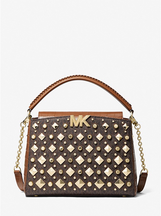 Borsa a mano Karlie media con logo e borchie