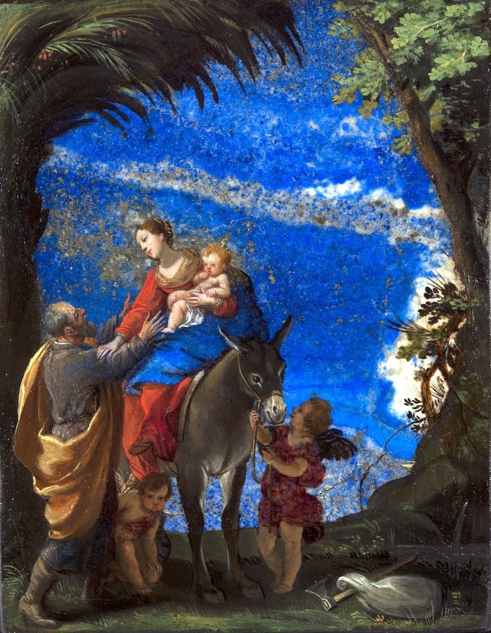 Jacques Stella, Riposo nella fuga in Egitto, olio su lapislazzulo e lavagna, rivestito di lavagna, 11 x 9.5 cm, Pajelu collection
